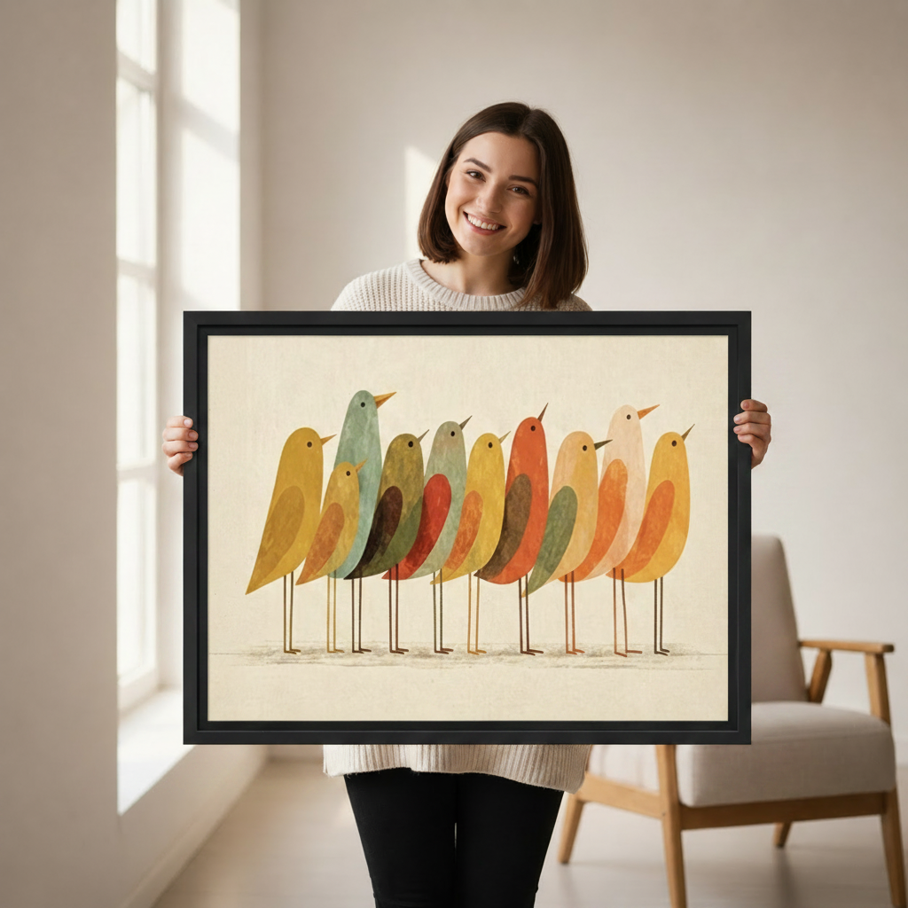 Smiling woman holding large black framed retro folk art birds canvas wall art in bright white studio