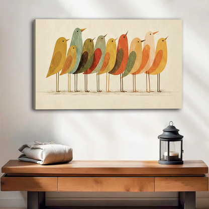 Vintage plump oval birds folk art gallery wrap canvas with visible side depth mounted on white wall beside indoor plants