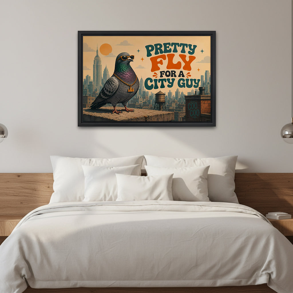 Retro funny pigeon canvas wall art framed above a white bed with wooden headboard and globe lamps