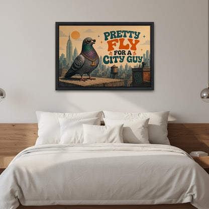 Retro funny pigeon canvas wall art framed above a white bed with wooden headboard and globe lamps