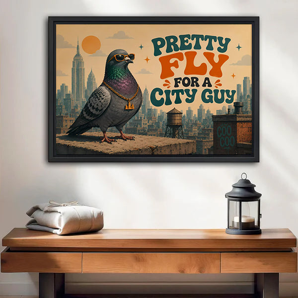 Funny pigeon wall art in a black frame above an entryway bench with candle lantern