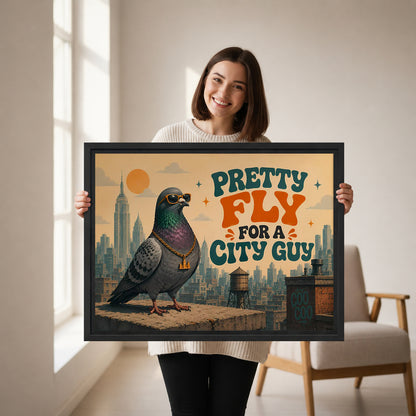 Smiling woman holding framed funny pigeon canvas wall art showing city skyline and retro lettering