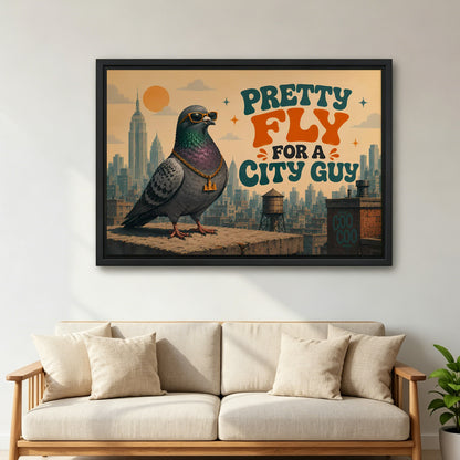 Large framed funny pigeon canvas wall art hanging above a beige sofa with linen cushions