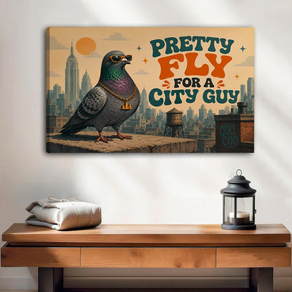 Gallery-wrap retro pigeon canvas wall art with frameless edges over a wooden bench and lantern
