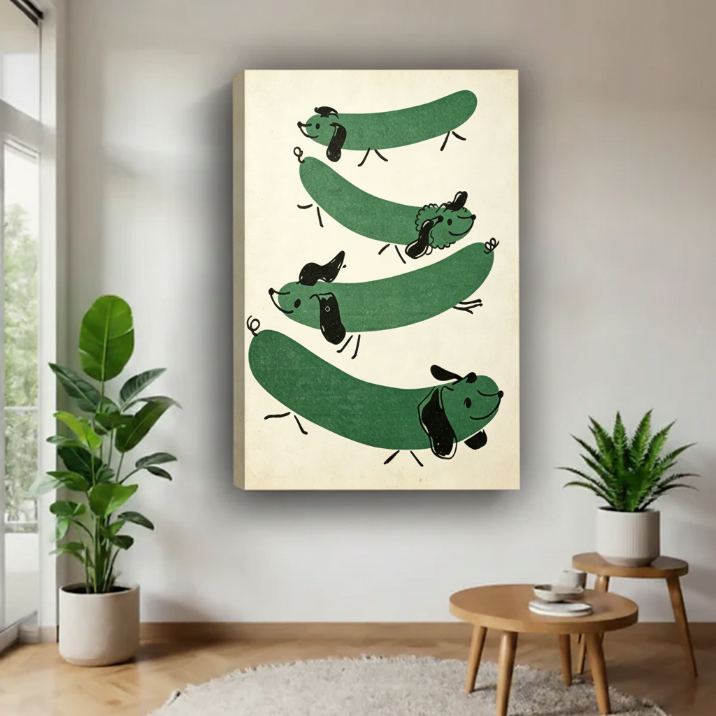 Quirky green dachshund canvas wrap wall art, frameless stretched canvas print for eclectic home decor