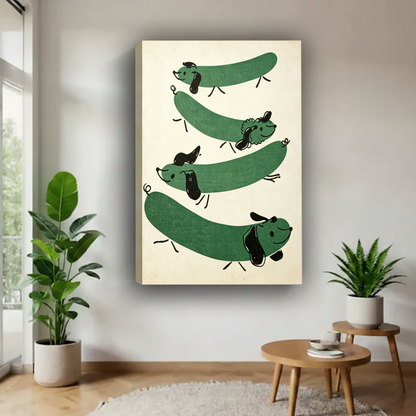 Quirky green dachshund canvas wrap wall art, frameless stretched canvas print for eclectic home decor