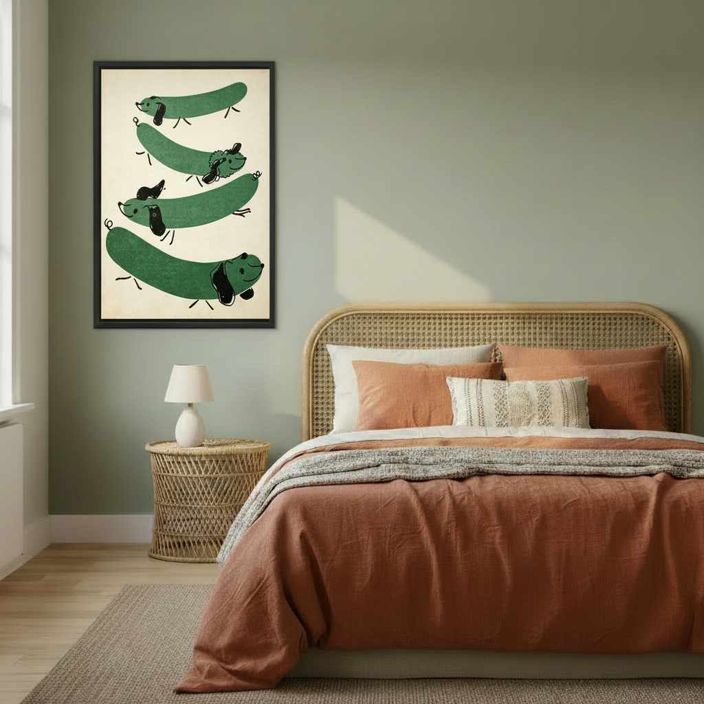 Retro green dachshund mid-century wall art print in black frame, boho bedroom decor with rattan bed and sage green wall