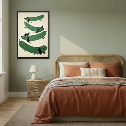 Retro green dachshund mid-century wall art print in black frame, boho bedroom decor with rattan bed and sage green wall
