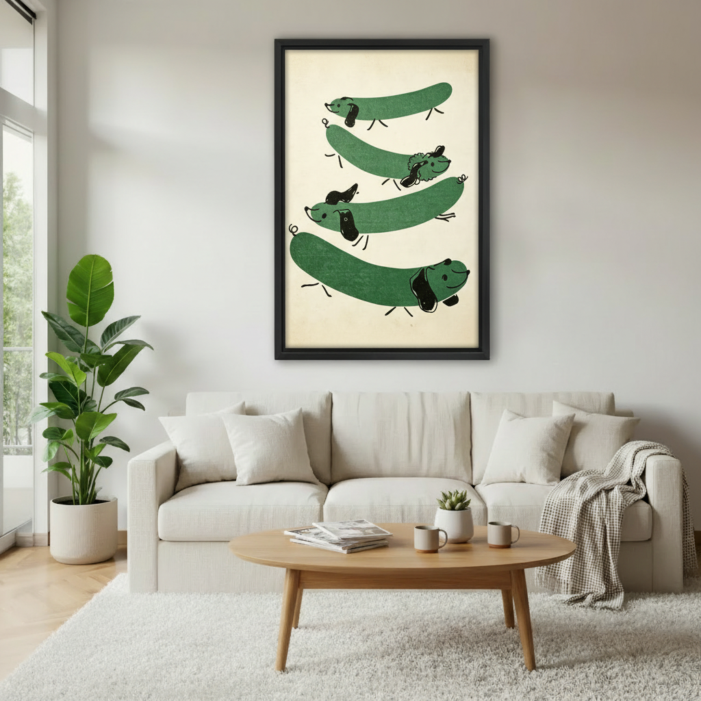 Green dachshund mid-century art print in black frame above sofa, funny dog wall art for living room