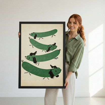 Woman holding retro green dachshund framed art print, mid-century dog illustration wall decor