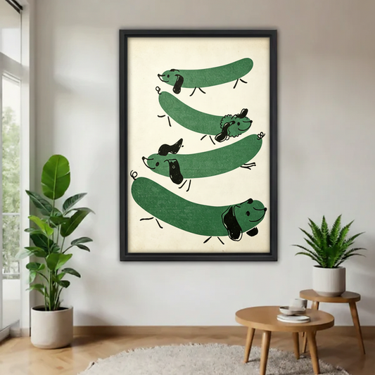 Green dachshund retro illustration framed wall art print, modern living room decor with monstera plant