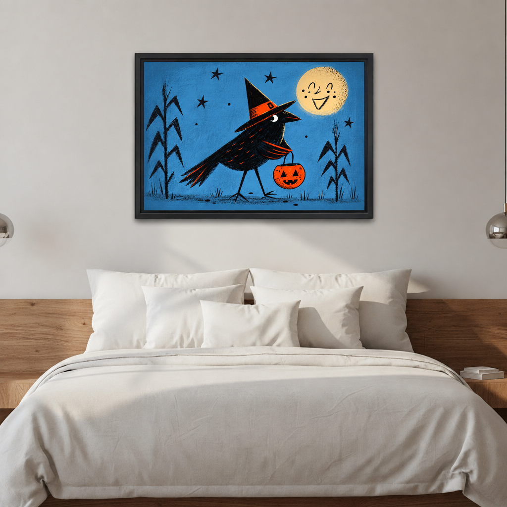 Framed retro Halloween crow canvas wall art displayed above a bed with white bedding