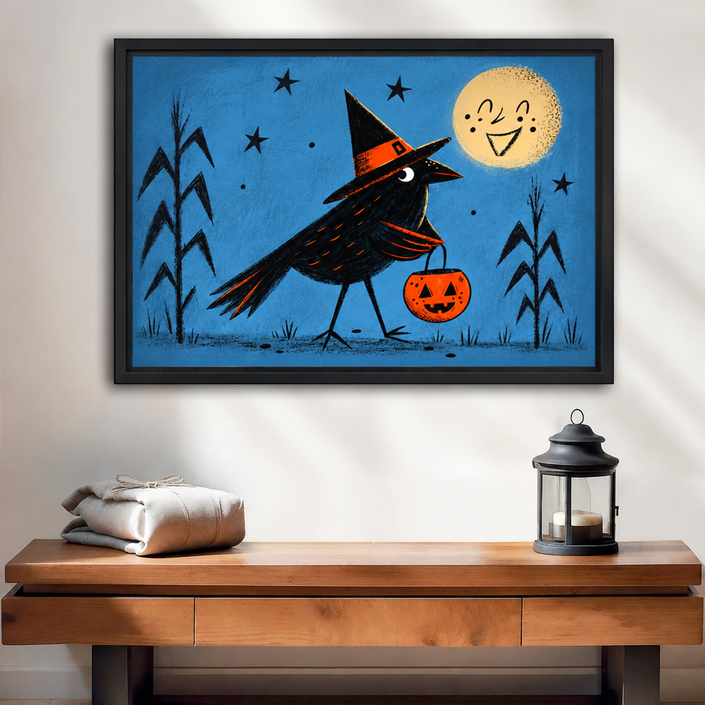 Framed retro Halloween crow canvas wall art above a wooden console, featuring a witch hat and smiling moon.