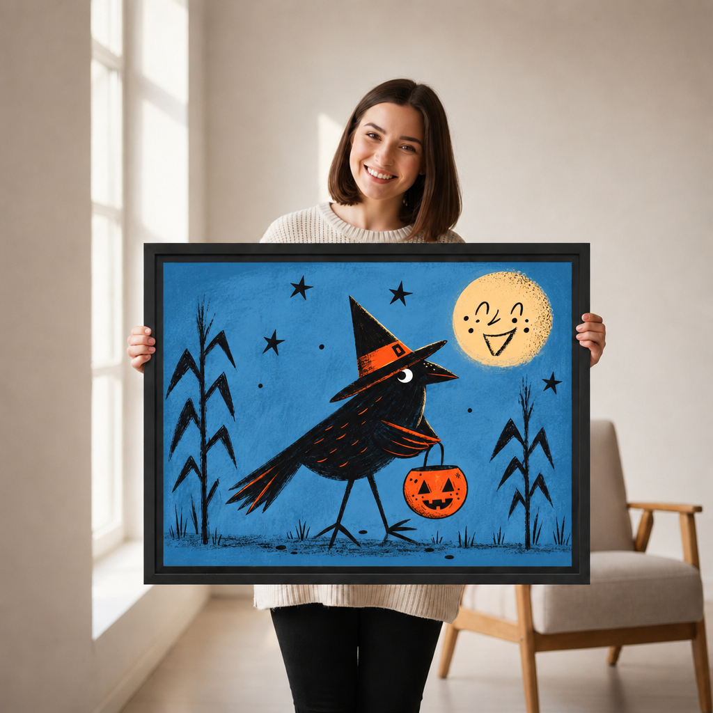 Woman holding framed retro Halloween crow canvas wall art to show its scale.