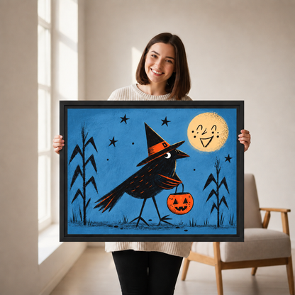 Woman holding framed retro Halloween crow canvas wall art to show its scale.