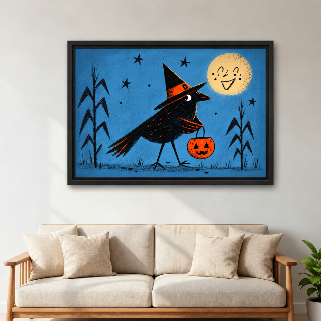 Framed retro Halloween crow canvas wall art displayed above a light-colored living room sofa.