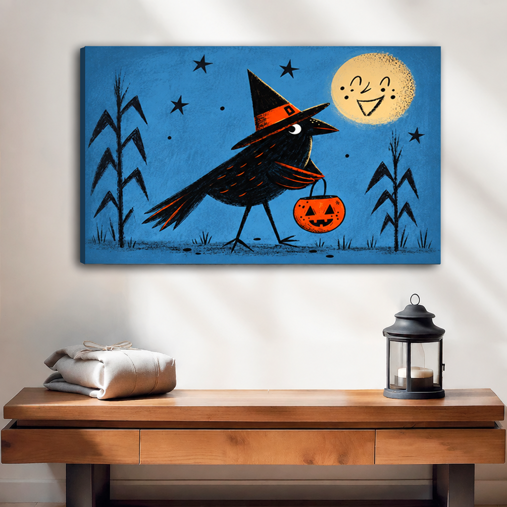 Unframed retro Halloween crow canvas wall art with a pumpkin bucket displayed above a wooden console.