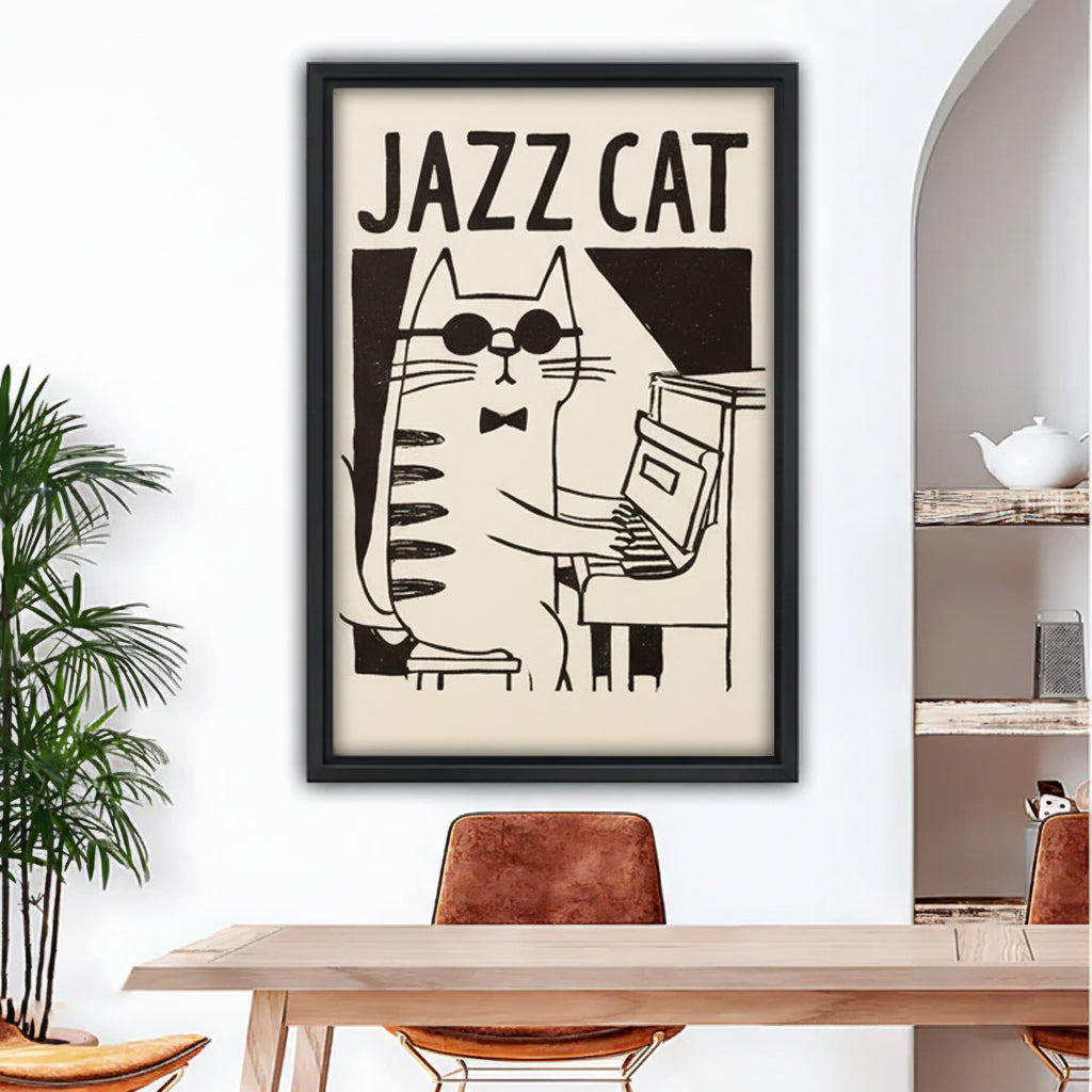 Retro jazz cat canvas wall art in black frame hanging above wooden dining table in bright modern dining room