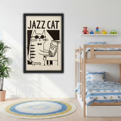 Retro jazz cat canvas wall art in black frame on kids room wall beside wooden bunk bed with colorful round rug