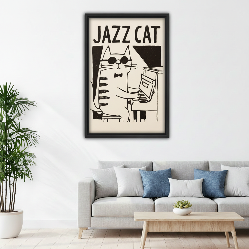 Retro jazz cat framed canvas print on white wall above gray sofa with blue pillows in minimalist living room