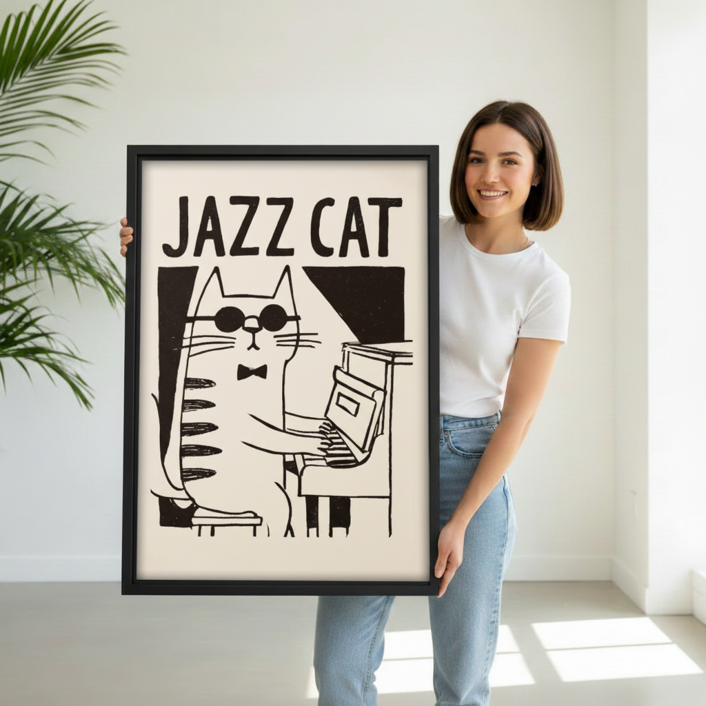 Smiling woman holding large retro jazz cat framed canvas wall art showing size reference in bright white studio