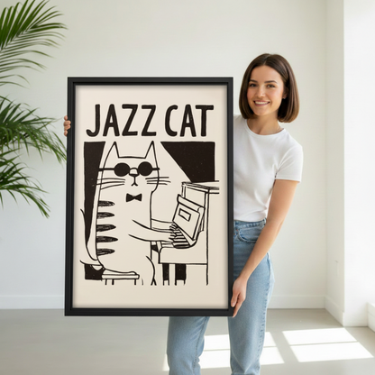 Smiling woman holding large retro jazz cat framed canvas wall art showing size reference in bright white studio