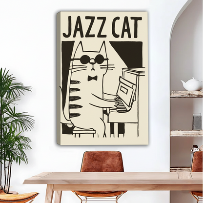 Retro jazz cat playing piano gallery-wrap canvas wall art displayed above light wood dining table without frame
