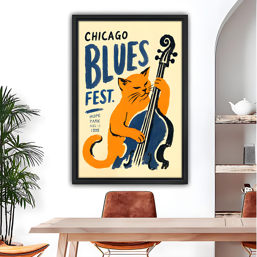 Retro jazz cat music poster framed canvas wall art in black frame above light wood dining table with leather chairs and arched mirror