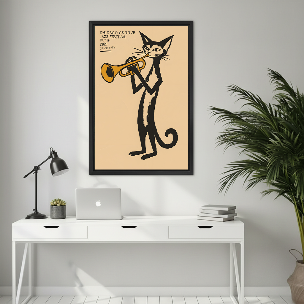 Retro jazz cat trumpet canvas wall art displayed above a white desk in a modern office