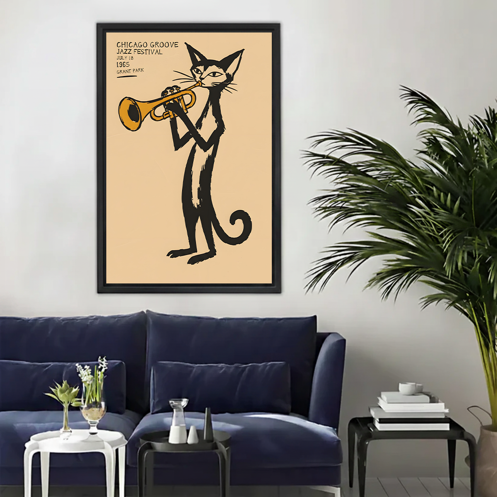 Retro jazz cat canvas wall art showing a trumpet-playing cat above a navy sofa