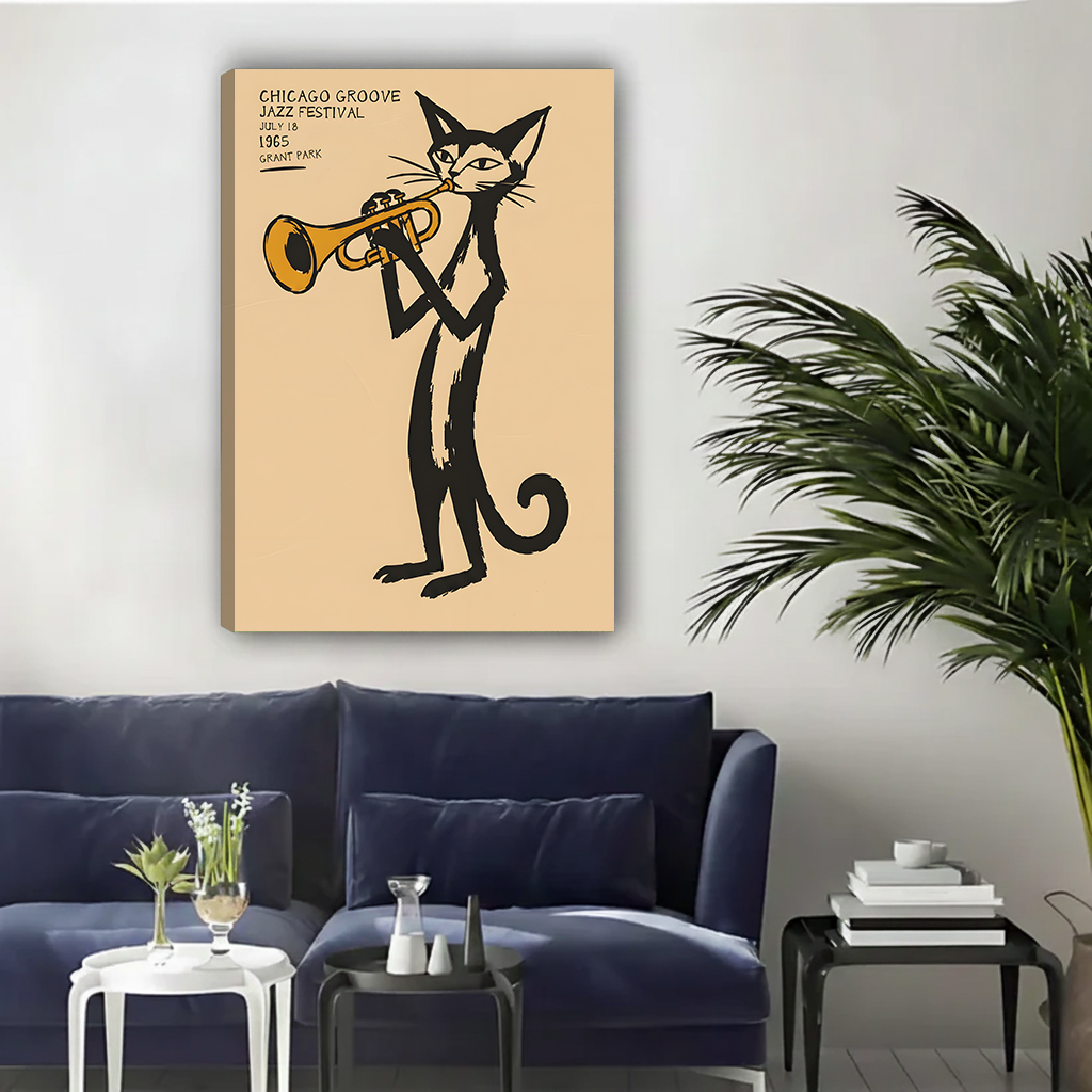 Framed retro jazz cat trumpet canvas wall art displayed above a cream armchair