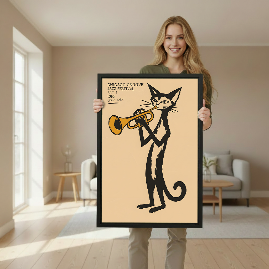 Framed jazz cat canvas wall art with trumpet held by a woman in a bright living room