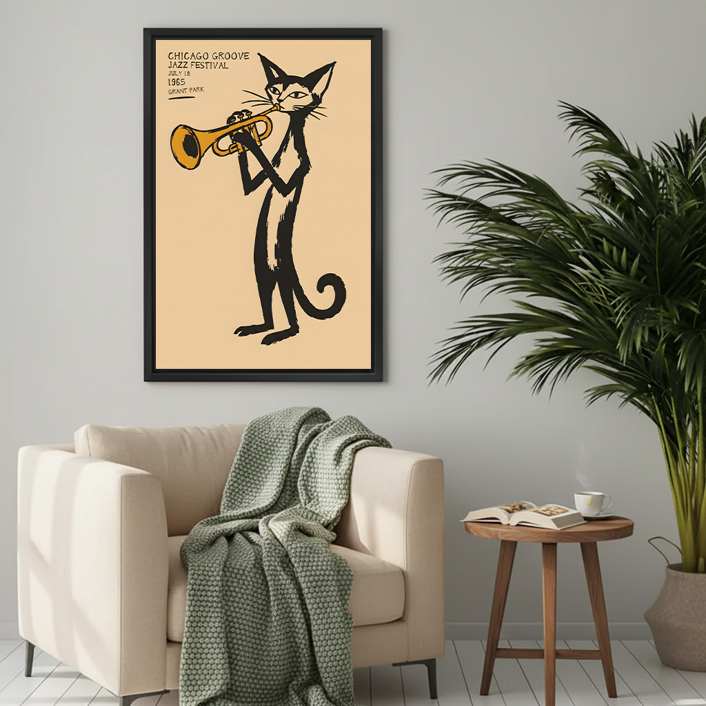 Framed jazz cat canvas wall art with trumpet-playing cat above a navy sofa