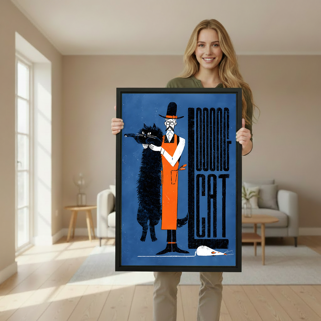 Woman holding a large framed retro looong cat art print to show print size in a bright neutral interior