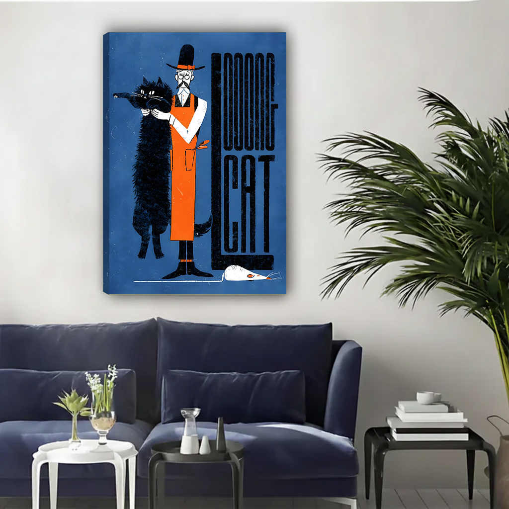 Unframed retro looong cat gallery-wrap canvas print with cobalt blue background hung above a navy sofa in a contemporary living room