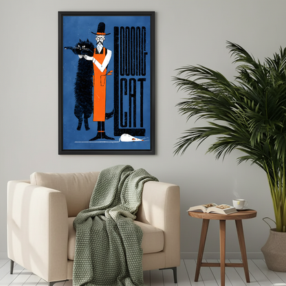 Retro looong cat framed canvas print on a light grey wall above a cream armchair with a cosy knit throw in a neutral living room