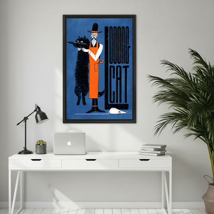 Framed retro looong cat wall art with bold blue and orange design displayed above a white desk in a minimalist home office