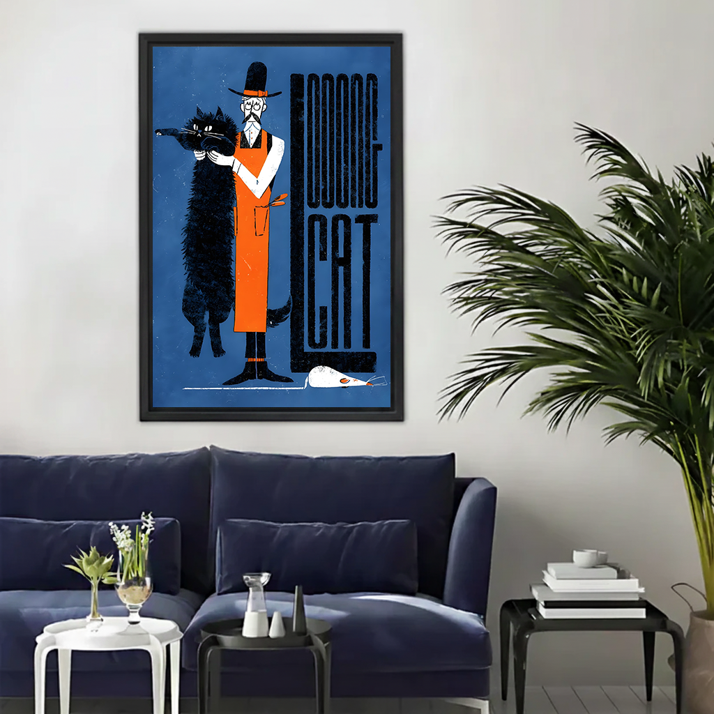Retro looong cat canvas wall art in black float frame displayed above a navy blue sofa in a modern living room