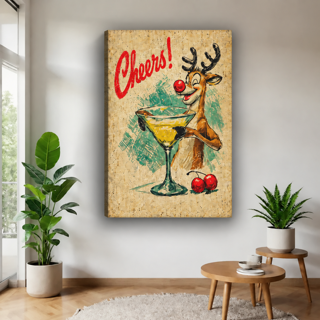Unframed retro reindeer cocktail canvas wall art with red Cheers lettering, displayed between potted plants.