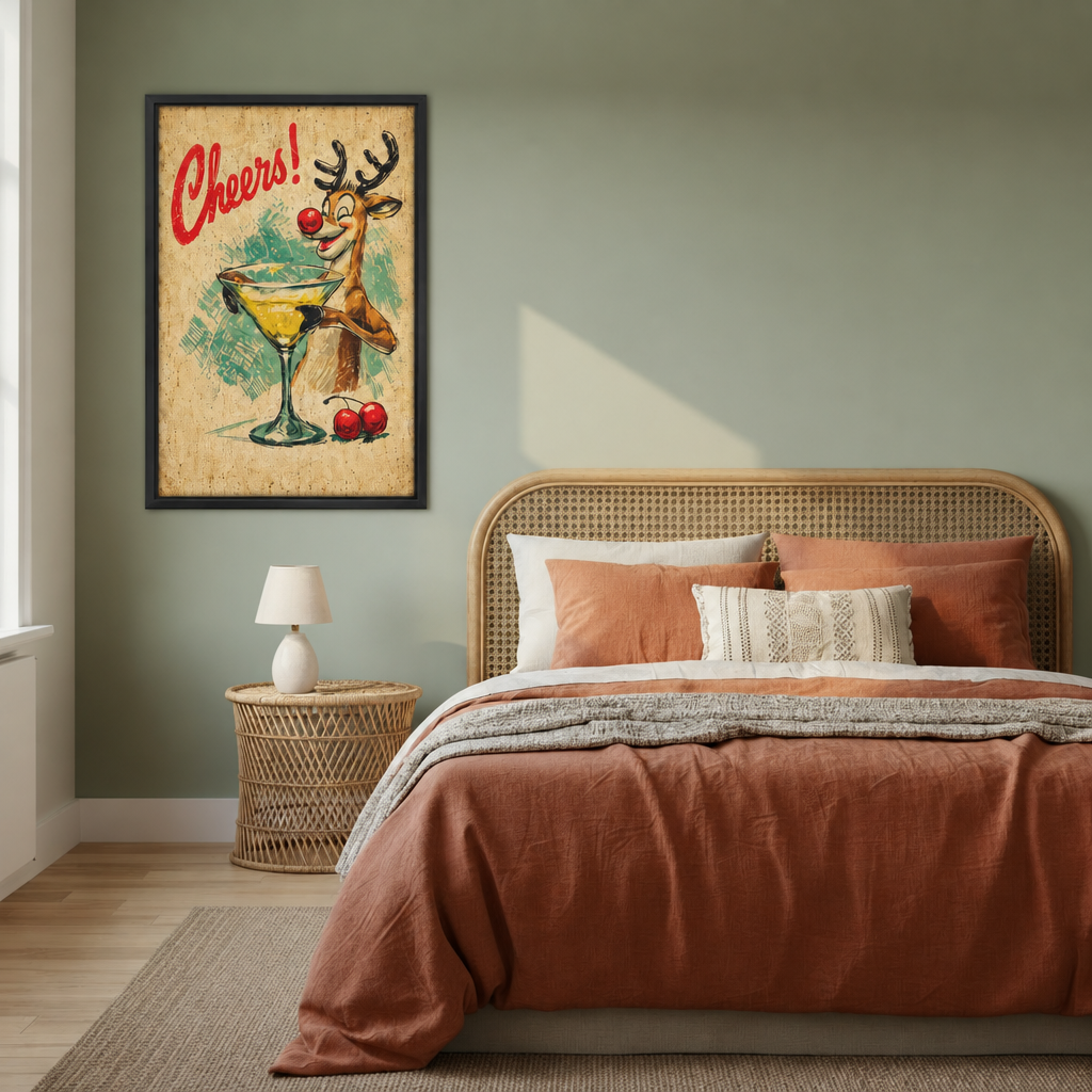 Retro reindeer cocktail wall art in a black frame beside a rattan bed against a sage green wall.