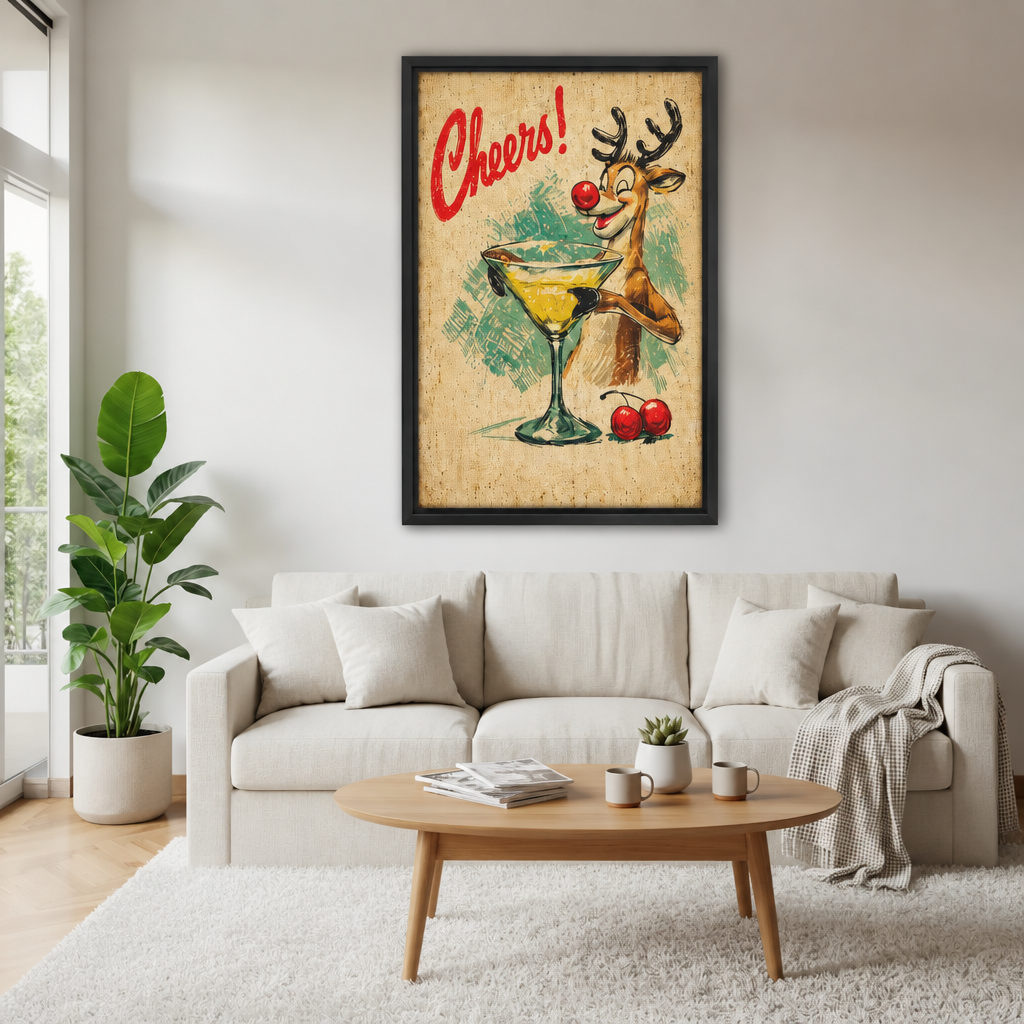 Framed retro reindeer cocktail wall art above a cream sofa with a wooden coffee table and leafy plant.