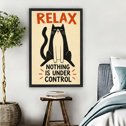  Black-framed retro relax cat canvas wall art displayed beside a bed above a wooden stool with books.