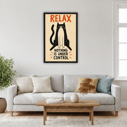 Retro relax cat canvas wall art in a black frame above a light gray sofa and wooden coffee table.