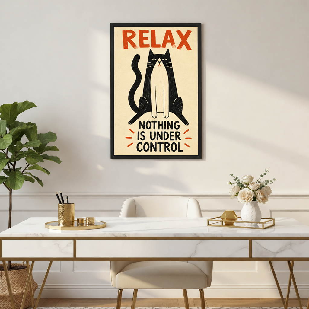 Black-framed retro relax cat canvas wall art hanging above a white and gold desk with flowers.
