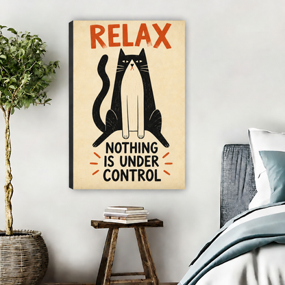 Unframed retro relax cat canvas wall art with orange lettering displayed beside a bed and a potted tree.