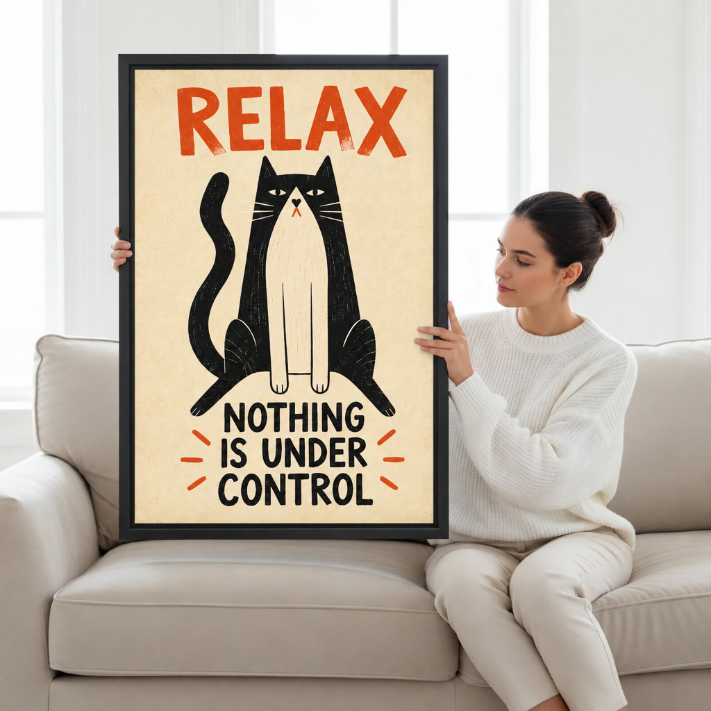Woman seated on a beige sofa holding black-framed retro relax cat canvas wall art with a humorous quote.