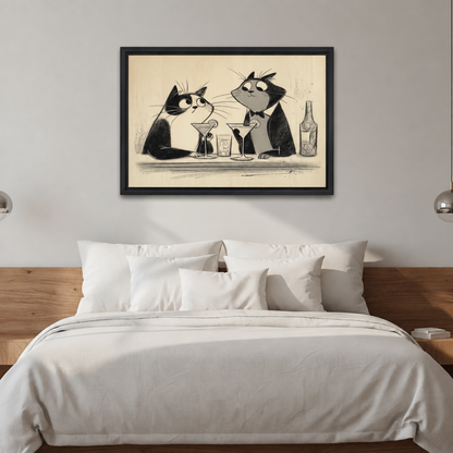 Framed retro sketch martini cats canvas wall art hanging above a white bed with pendant lights