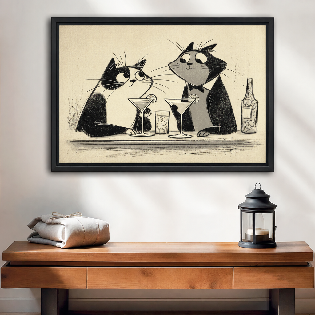 Retro sketch martini cats canvas wall art in a black frame above a wooden console with a lantern