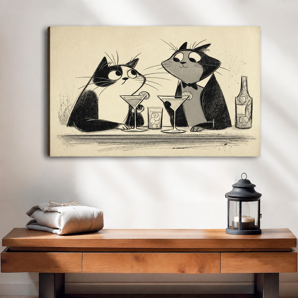Gallery-wrap retro sketch martini cats canvas wall art showing two tuxedo cats at a bar