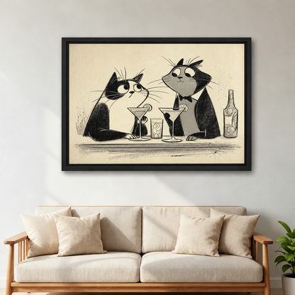 Framed retro sketch martini cats canvas wall art above a cream sofa with a green plant